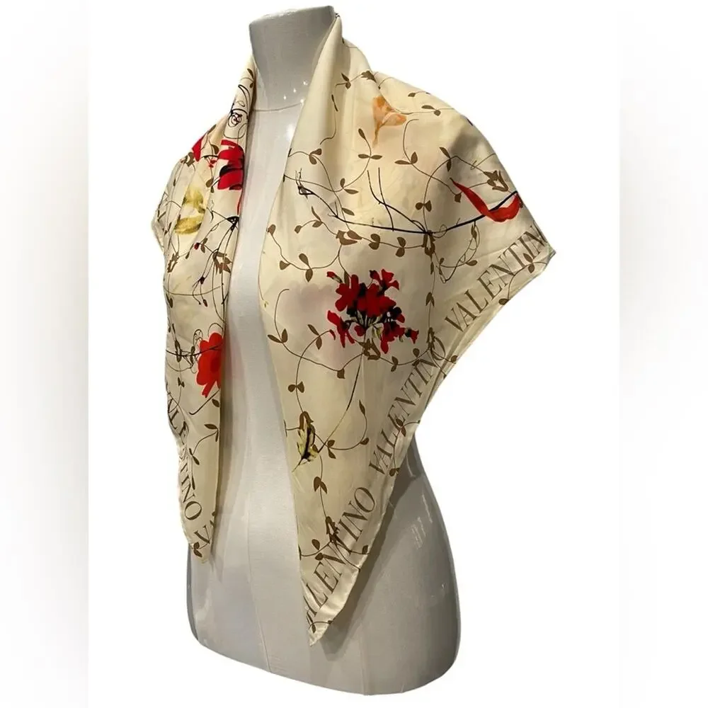 Valentino Silk Scarf - Vibrant Red and Cream Floral